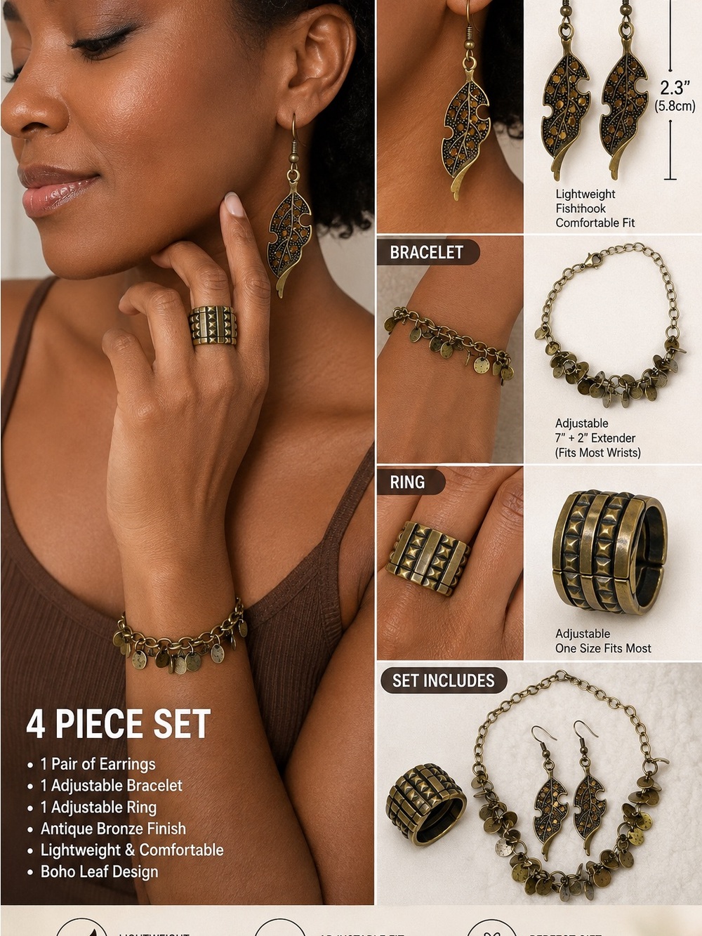 Boho Leaf 4-Piece Jewelry Set in Antique Bronze